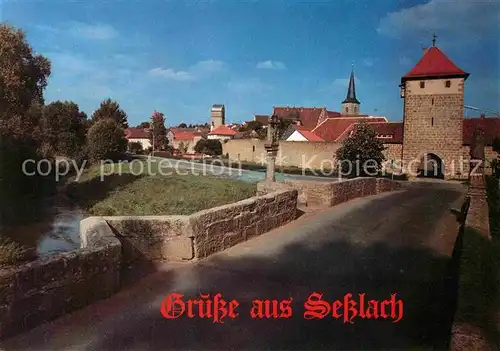 AK / Ansichtskarte Sesslach Bruecke Stadtmauer Altstadt Landessieger Bundessieger 1986 87 fuer Stadtsanierung Kat. Sesslach