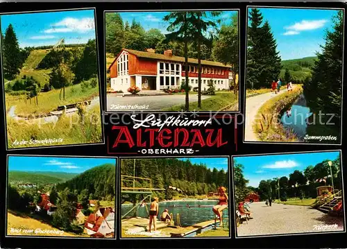 AK / Ansichtskarte Altenau Harz Schwefelquelle Kurmittelhaus Dammgraben Kurpark Schwimmbad Panorama Blick vom Glockenberg Kat. Altenau