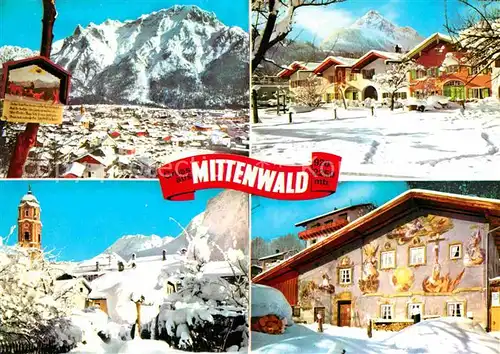 AK / Ansichtskarte Mittenwald Bayern Hoehenluftkurort gegen Karwendelgebirge Winterpanorama Lueftlmalerei Kat. Mittenwald