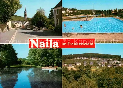 AK / Ansichtskarte Naila Strassenpartie mit Blick zur Kirche Schwimmbad See Siedlung Kat. Naila