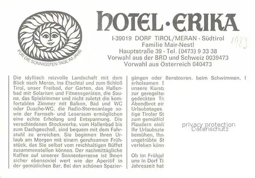 AK / Ansichtskarte Dorf Tirol Hotel Erika Hallenbad Terrasse Gastraum Schwimmbad Kat. Tirolo
