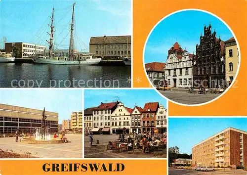 AK / Ansichtskarte Greifswald Segelschulschiff Wilhelm Pieck PdF Pastik Neue Sporthalle HO Hotel Boddenhus