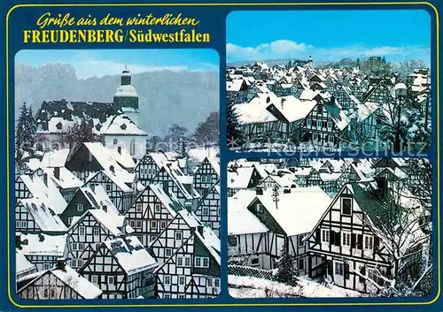 AK / Ansichtskarte Freudenberg Westfalen Altstadt mit Kirche Fachwerkhaeuser Winterpanorama Kat. Freudenberg