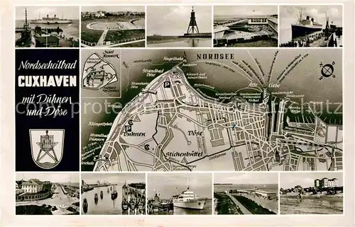 AK / Ansichtskarte Cuxhaven Duhnen Nordseebad Landkarte Hafen Anlegestelle Strand 