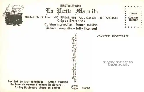 AK / Ansichtskarte Montreal Quebec Restaurant La Petite Marmite Kat. Montreal