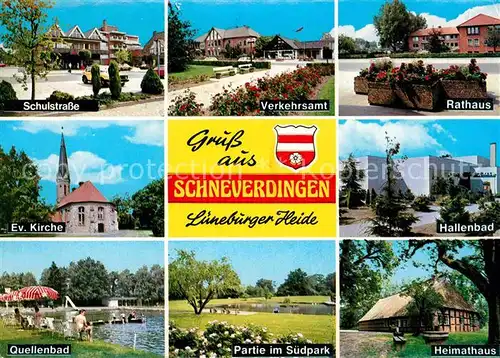 AK / Ansichtskarte Schneverdingen Schulstrasse Evangelische Kirche Quellenbad Verkehrsamt Rathaus Kat. Schneverdingen