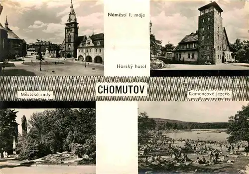 AK / Ansichtskarte Chomutov Mestske sady Namesti I. maje Horsky hotel Kamencove jezero Kat. Komotau