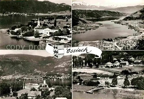 AK / Ansichtskarte Ossiach Ossiachersee Gesamtansicht mit Alpenpanorama Badestrand am See Fliegeraufnahme