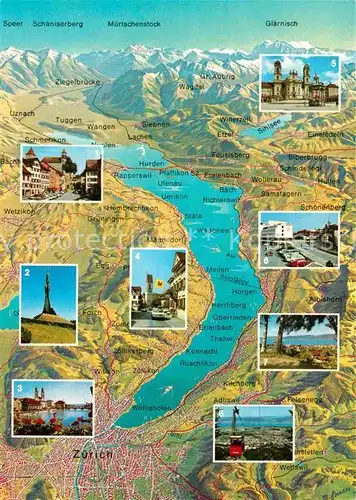 AK / Ansichtskarte Zuerich ZH Panoramakarte mit Rapperswil Forchdenkmal Meilen Einsiedeln Horgen Thalwil Adliswil