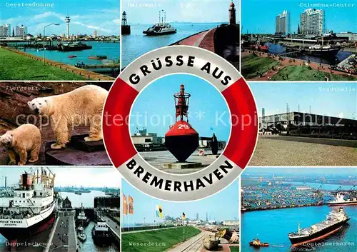 AK / Ansichtskarte Bremerhaven Gestemuendung Hafenmole Columbus Center Tiergrotte Stadthalle Doppelschleuse Weserdeich Containerhafen Kat. Bremerhaven