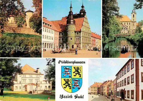 AK / Ansichtskarte Hildburghausen Stadtmauer Rathaus Friedenspark Stadttheater Marx Engels Platz Kat. Hildburghausen