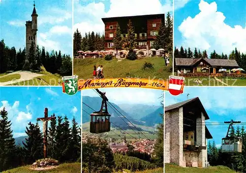 AK / Ansichtskarte Mariazell Steiermark Buergeralpe Aussichtsturm Berghotel Schutzhuette Gipfelkreuz Bergstation Kat. Mariazell