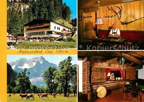 AK / Ansichtskarte Eng Hinterriss Tirol Alpengasthof Eng Zitherspieler Weidevieh Gaststube