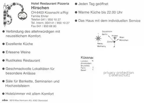 AK / Ansichtskarte Kuessnacht Hotel Restaurant Hirschen Pizzeria Bar Speisesaal Kat. Kuessnacht