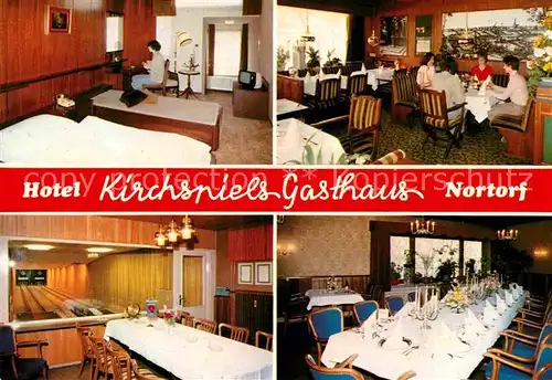 AK / Ansichtskarte Nortorf Ostholstein Hotel Kirchspiels Gasthaus Zimmer Gastraum Kegelbahn Festtafel Kat. Ahrensboek