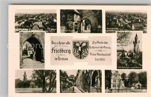 AK / Ansichtskarte Friedberg Hessen Panorama Blick vom Adolfsturm aus Burg Burgtor Schloss Georgsbrunnen Wappen Kat. Friedberg (Hessen)