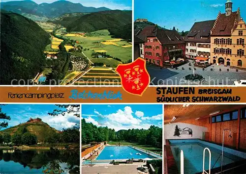 AK / Ansichtskarte Staufen Breisgau Feriencamping Belchenblick Fliegeraufnahme Marktplatz Schwimm und Hallenbad Kat. Staufen im Breisgau
