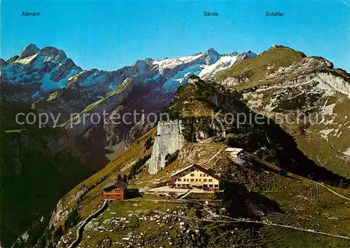 AK / Ansichtskarte Ebenalp Berggasthaus gegen Schaefler Saentis Altmann Appenzeller Alpen Fliegeraufnahme Kat. Ebenalp