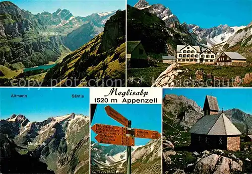 AK / Ansichtskarte Appenzell IR Berggasthof Meglisalp Gebirgspanorama Appenzeller Alpen Kapelle Wegweiser Kat. Appenzell