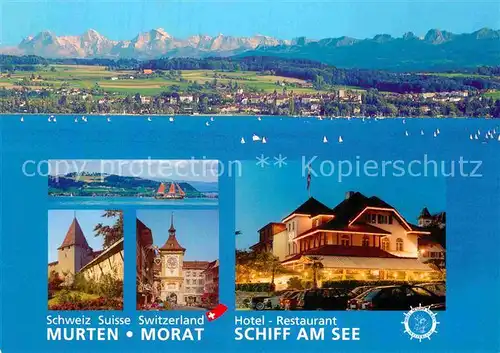 AK / Ansichtskarte Murten Morat Hotel Schiff am See Hafenpromenade Alpenpanorama Kat. Murten