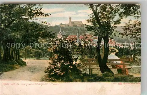 AK / Ansichtskarte Koenigstein Taunus Blick nach der Burgruine Frau auf Ruhebank Kat. Koenigstein im Taunus