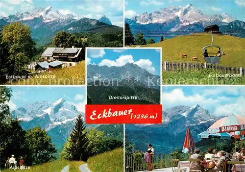 AK / Ansichtskarte Garmisch Partenkirchen Eckbauer mit Alpspitze Bergbahn Berggasthaus Dreitorspitze Alpenpanorama Kat. Garmisch Partenkirchen