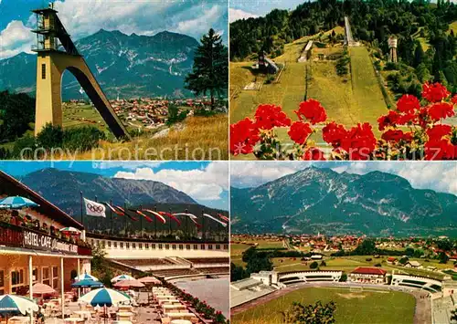 AK / Ansichtskarte Garmisch Partenkirchen Hotel Cafe Olympiahaus Skistadion Skisprungschanze Alpenpanorama Kat. Garmisch Partenkirchen