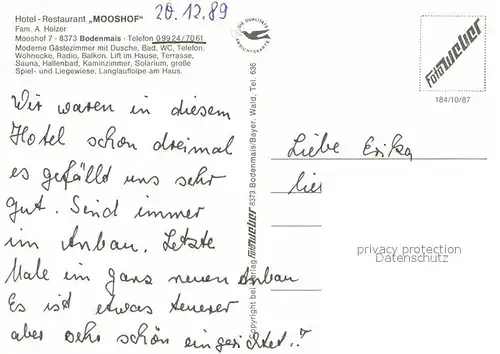 AK / Ansichtskarte Bodenmais Hotel Restaurant Mooshof Kat. Bodenmais