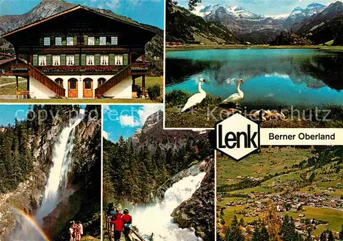 AK / Ansichtskarte Lenk Simmental Typisches Haus See Schwaene Alpenpanorama Wasserfall Kat. Lenk Simmental