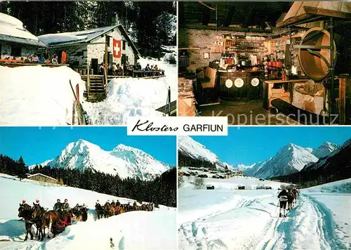 AK / Ansichtskarte Klosters GR Alp Garfiun Urchiges Huettenbeizli Langlauf Schlittenfahrt Winterpanorama Alpen Kat. Klosters
