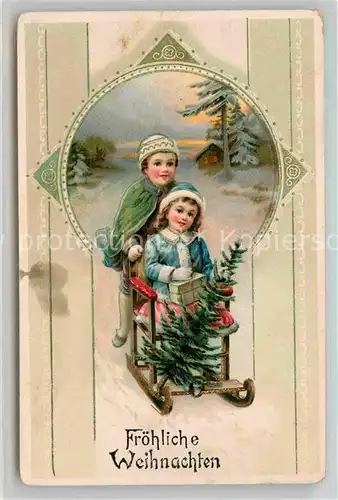 AK / Ansichtskarte Schlitten Schnee Kinder Wintermode Tannenbaum Geschenke Litho Etappenpost Kat. Sport