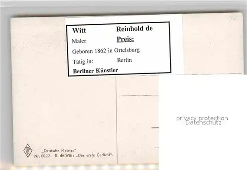 AK / Ansichtskarte Kuenstlerkarte Reinhold de Witt Das erste Gedicht Deutsche Meister Nr. 6022 Kat. Kuenstlerkarte