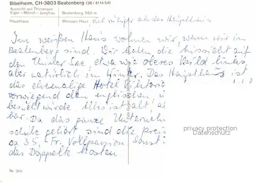 AK / Ansichtskarte Beatenberg Bibelheim Aussicht auf Thuners Eigen Moench Jungfrau Berner Alpen Kat. Beatenberg