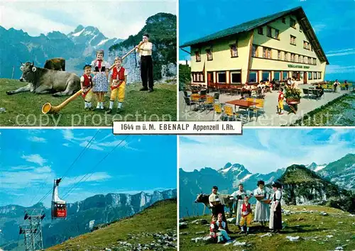 AK / Ansichtskarte Appenzell IR Ebenalp im Alpstein Bergrestaurant Blick zum Saentis Appenzeller Alpen Bergbahn Hornblaeser Almvieh Kuh Kat. Appenzell