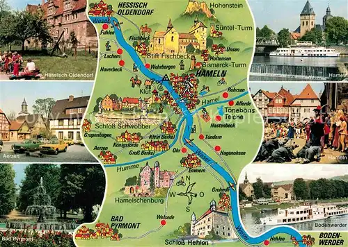 AK / Ansichtskarte Hameln Weser Weserbergland zwischen Bodenwerder und Hessich Oldendorf Landkarte mit Sehenswuerdigkeiten