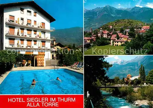 AK / Ansichtskarte Untermais Meran Hotel Siedler im Thrum Swimming Pool Partie am Fluss Texelgruppe