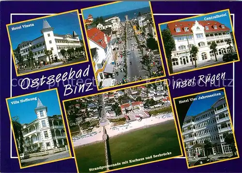 AK / Ansichtskarte Binz Ruegen Hotel Vineta Strandstrasse Centralhotel Villa Hoffnung Strandpromenade mit Kurhaus und Seebruecke Fliegeraufnahme Hotel Vier Jahreszeiten Kat. Binz