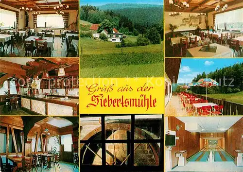 AK / Ansichtskarte Hosenfeld Gasthof Siebertsmuehle Gastraum Theke Muehlrad Terrasse Kegelbahn Kat. Hosenfeld