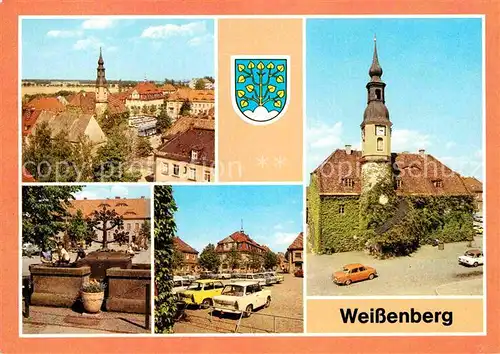 AK / Ansichtskarte Weissenberg Sachsen Kirchturm Rathaus Marktbrunnen August Bebel Platz Kat. Weissenberg Sachsen