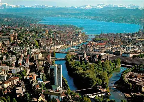 AK / Ansichtskarte Zuerich Zuerichsee Fliegeraufnahme mit Limmat und Alpen