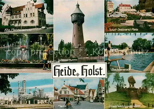 AK / Ansichtskarte Heide Holstein Kfz Meisterschule Wasserturm Wulf Isebrand Platz Springbrunnen Badeanstalt DEA Werke Markt Dusendduewelswarft Kat. Heide