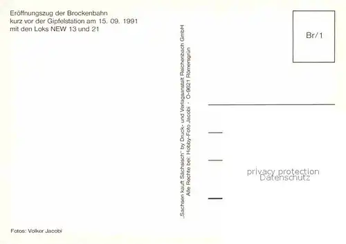 AK / Ansichtskarte Lokomotive Brockenbahn Eroeffnungszug 15.09.1991 Kat. Eisenbahn