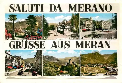 AK / Ansichtskarte Meran Merano panorama Promenade mit Kurhaus und Pfarrturm Schloss Tirol Rennplatz