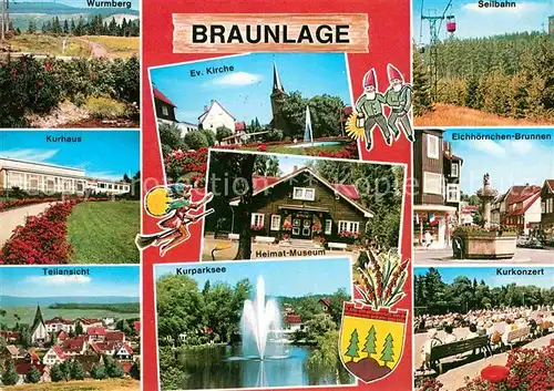 AK / Ansichtskarte Braunlage Wurmberg Kurhaus Teilansicht Kurparksee Ev Kirche Seilbahn Eichhoernchenbrunnen Kurkonzert Kat. Braunlage Harz