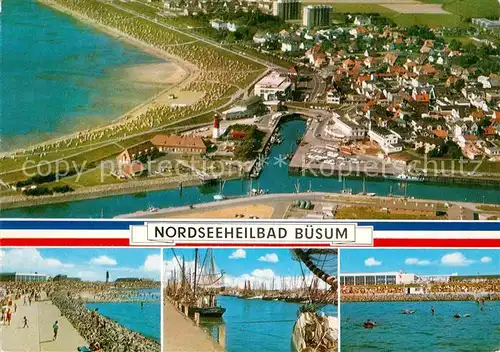 AK / Ansichtskarte Buesum Nordseebad Fliegeraufnahme Promenade Fischkutter Strand Kat. Buesum