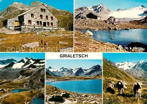 AK / Ansichtskarte Grialetschhuette gegen Raduenerkoepfe Grialetsch Gletscher Piz Sarsura Bergsee Kuehe Alpen Kat. Davos