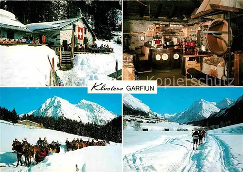 AK / Ansichtskarte Klosters GR Alp Garfiun Urchiges Huettenbeizli Langlauf Pferdeschlitten Winterpanorama Alpen Kat. Klosters