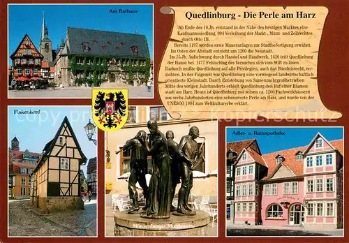 AK / Ansichtskarte Quedlinburg Rathaus Finkenherd Muenzenberger Musikanten Adler und Ratsapotheke Kat. Quedlinburg
