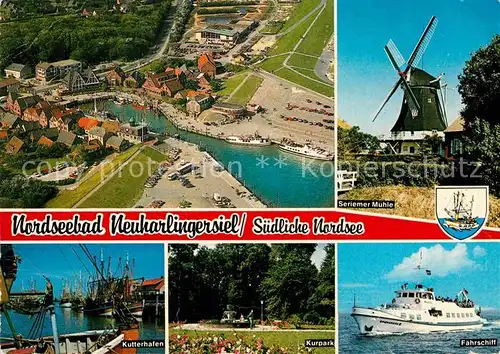 AK / Ansichtskarte Neuharlingersiel Fliegeraufnahme Seriemer Muehle Kutterhafen Kurpark Faehrschiff Kat. Neuharlingersiel