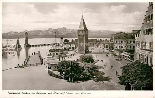 AK / Ansichtskarte Lindau Bodensee Hafen Turm Ferieninsel mit Blick auf Saentis und Altmann Appenzeller Alpen Kat. Lindau (Bodensee)
